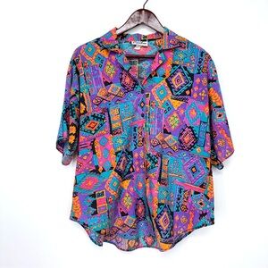 Vintage Caribou Mixed Print colorful Short Sleeve Button Down Shirt Size 16
